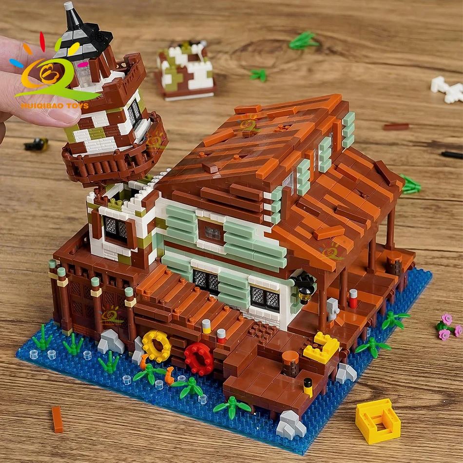 HUIQIBAO City MINI Fishing Village Cabin Micro Building Blocks DIY Fish House Pier With Liight Set Bricks Toys Children Adult