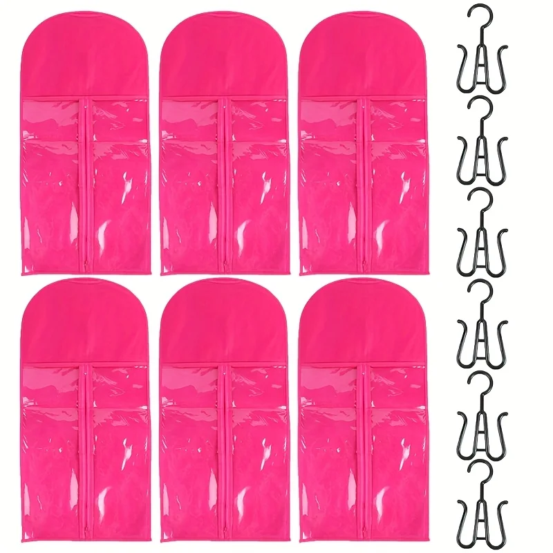 Bolsa de embalaje para peluca roja rosa, bolsas portadoras para pelucas no tejidas a prueba de polvo, bolsa de almacenamiento para extensiones de cabello largo con colgador de plástico, 6/3/2/1 Uds.