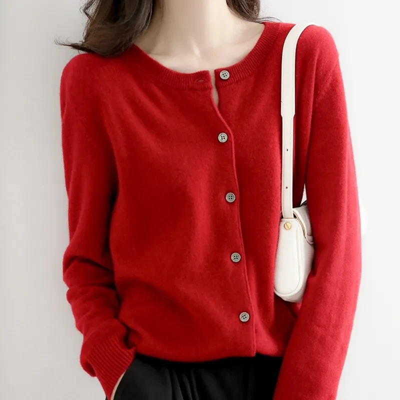 

Women Spring Autumn New Knitted Sweater Cardigan Sweater Jacket Female Loose Fitting Round Neck Long Sleeved Knitwear Tops Coat