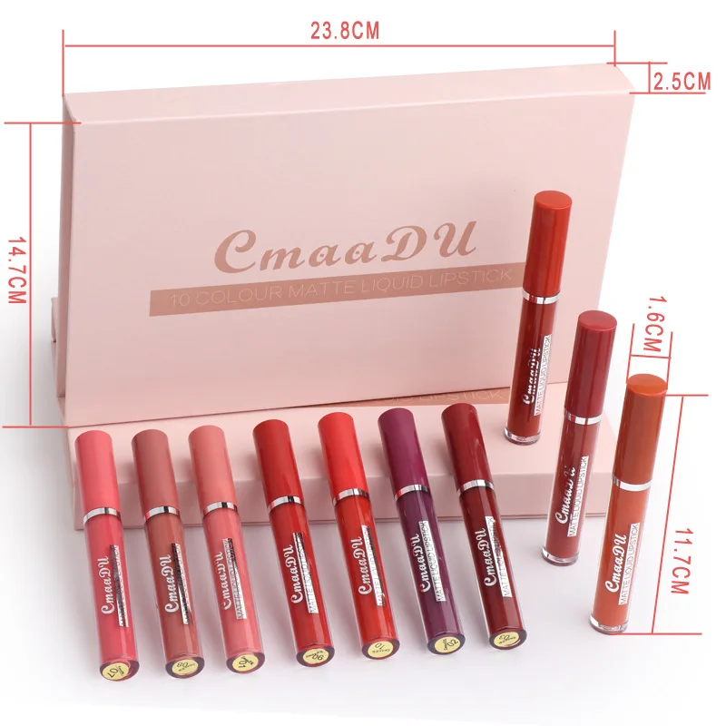 CmaaDu nuevo 10 colores/juego impermeable mate lápiz labial desnudo brillo de labios pigmento rojo oscuro brillo de labios hidratante lápiz labial Kit de maquillaje para mujer