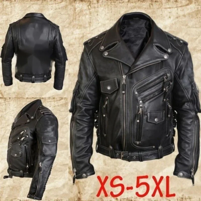 Motorcycle Leather Jacket Men America Retro Leather Button Multi Pocket Multi Pocket Personal Leather Coat Cardigan Jacket Top