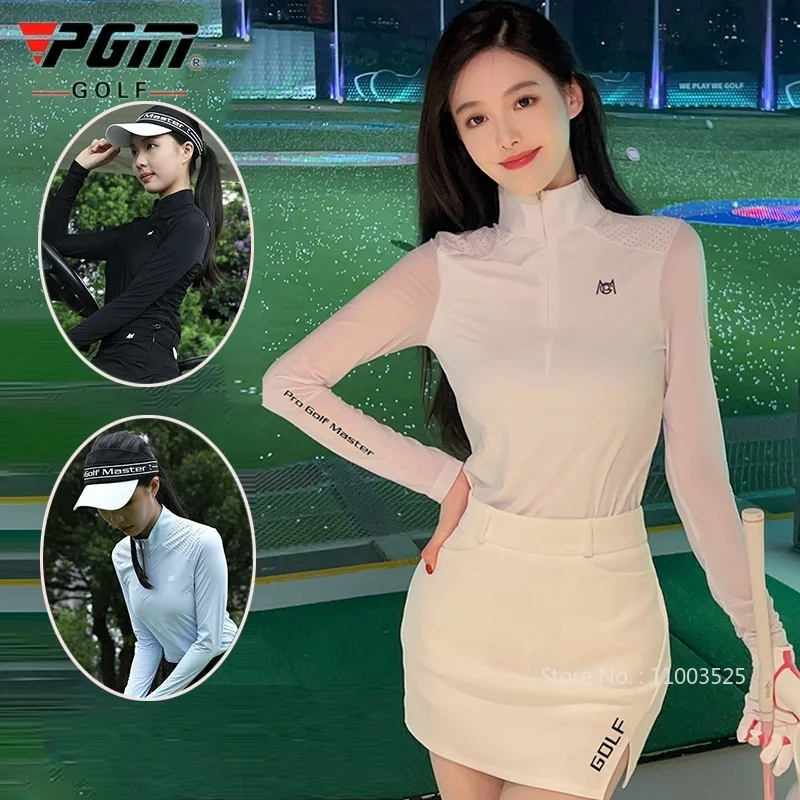 Pgm Women Golf Jersey Long Sleeve Slim Tops Female Breathable Quick-Dry Cooling Shirts Lady Sunscreen Golf Wear Zipper Collar