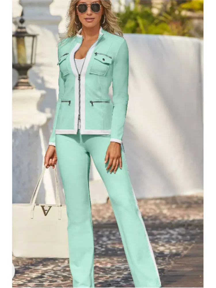 Herfst en winter nieuwe mode effen kleur casual tweedelige sets elegante vrouwen slanke eenvoudige rits top rechte joggingbroek pak