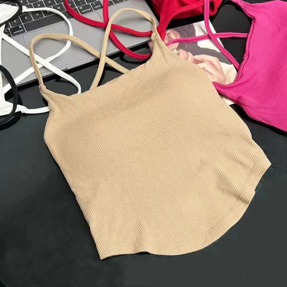 

New Polyamide Threaded Halter Vest Sleeveless Backless Short Straps Solid Color Sexy Tank Top Women