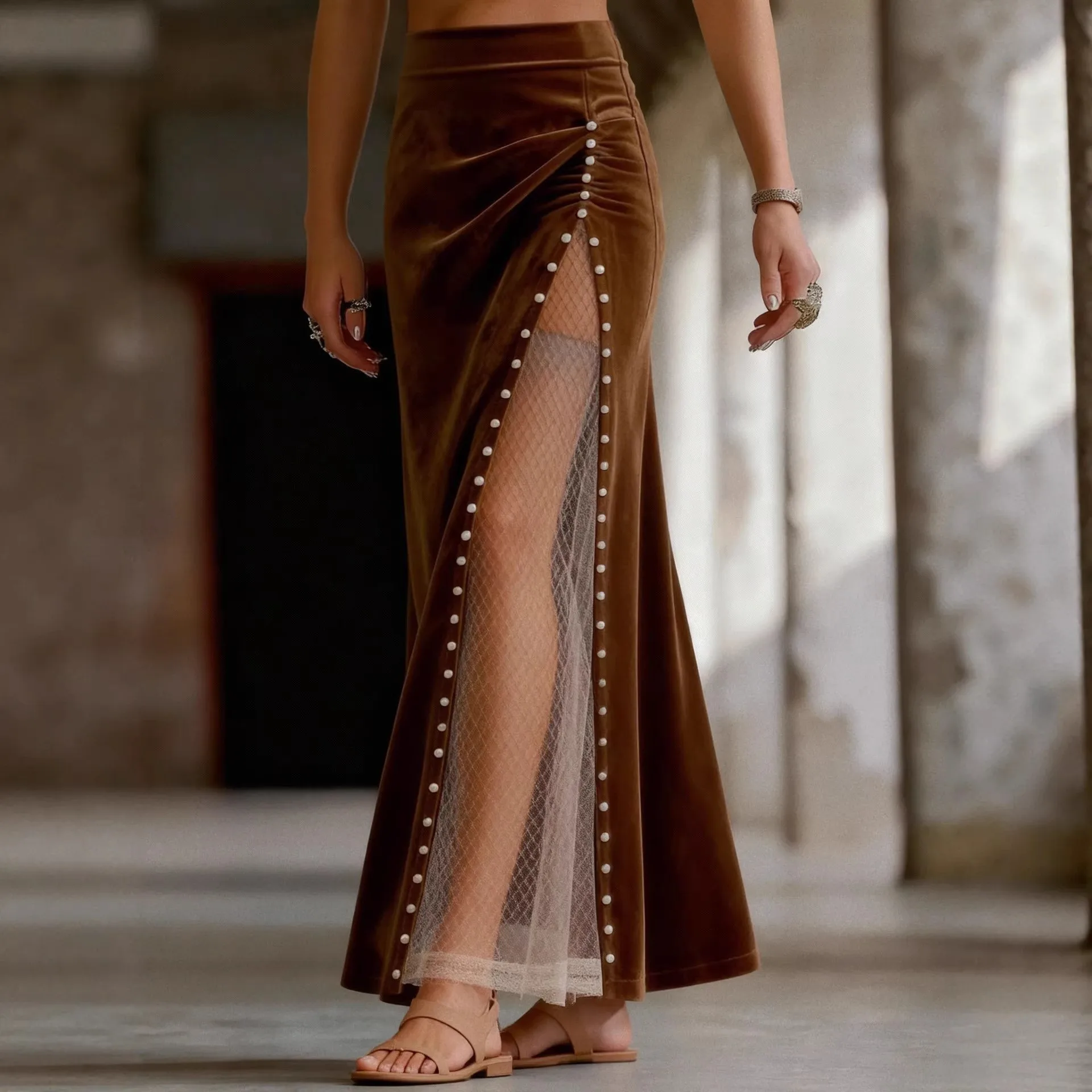 Women's Vintage Slit Patchwork Solid Color Beaded Mesh Casual Skirt for Women with Side Slit, Pearl Beaded Trim and Boho Style
