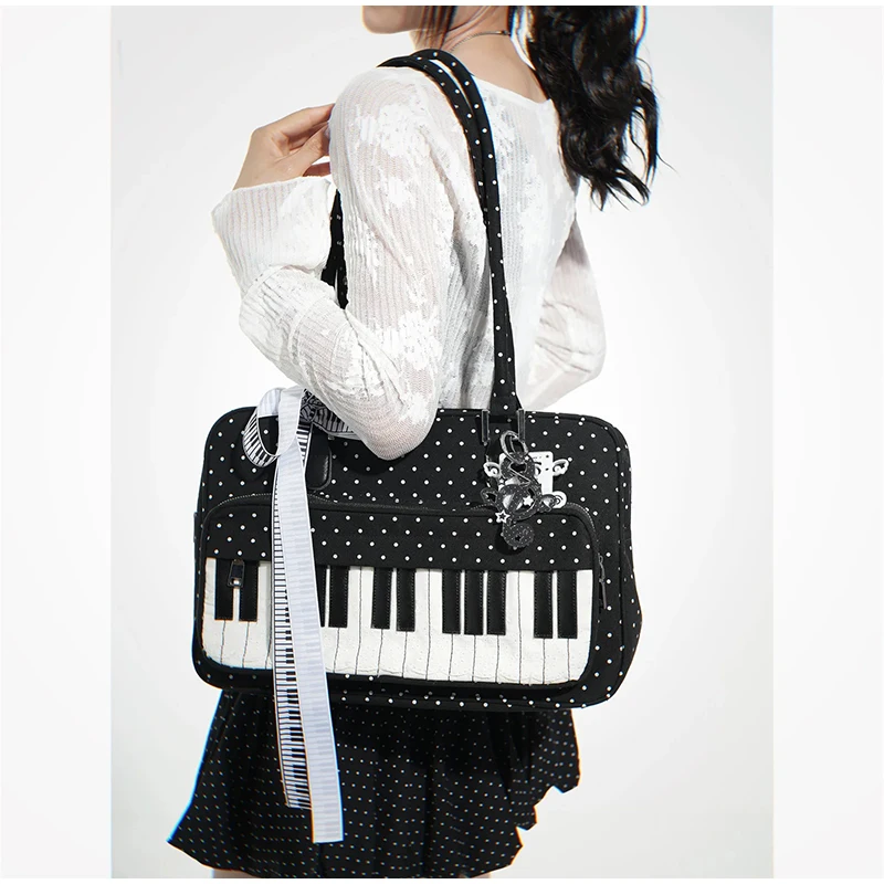 Polka Dot Piano Key Umhängetasche, große Handtasche in Kontrastfarbe, Y2k JK Mädchen-Aktentasche, Damen Wave Point Bowling-Einkaufstasche – Detail 24