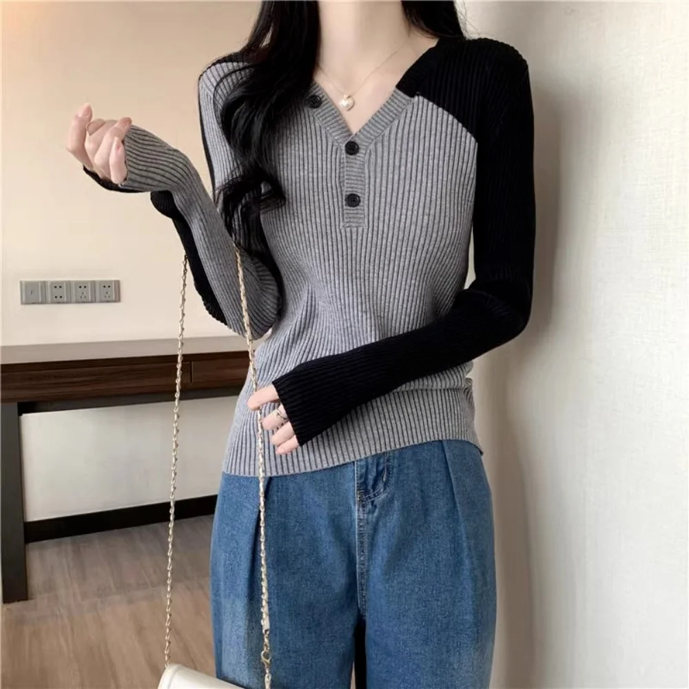 Color Block V Neck Raglan Sleeve Knit Pullover Slim Fit Long Sleeve Top with Button Placket for Women Spring Autumn Casual Wear 4