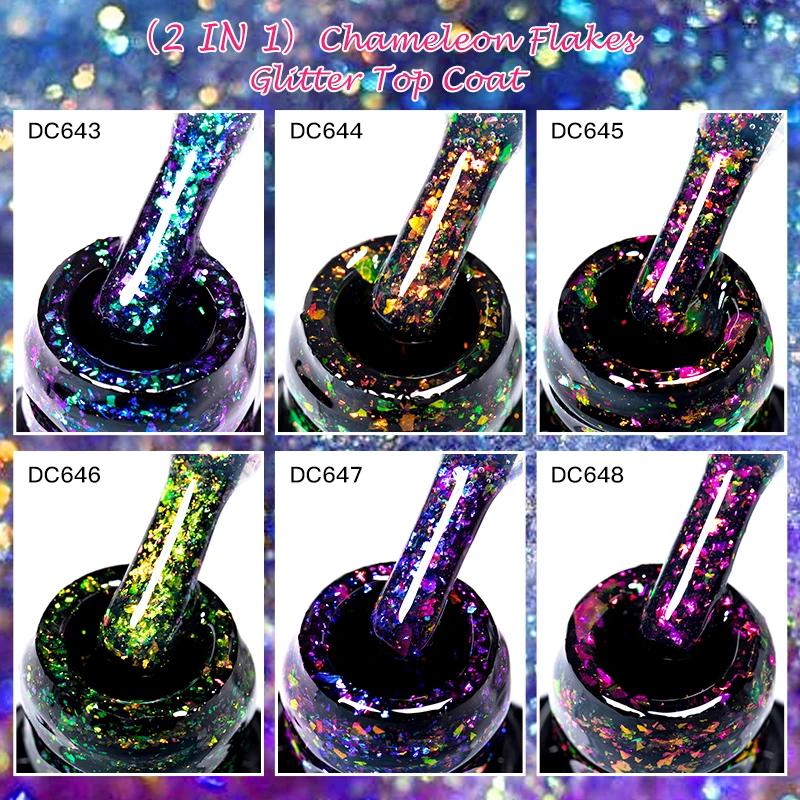 MTSSII 7 ミリリットルフレークグリッタートップコートブロケードパウダージェルマニキュア 2 で 1 カメレオン機能ネイルアートジェルワニスソークオフ爪