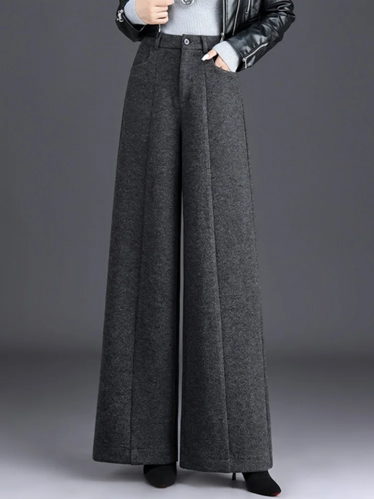 Verdikte wollen wijde pijpen broek dames hoge taille rechte broek casual grote voet lange broek woon-werkverkeer Sle pure kleur