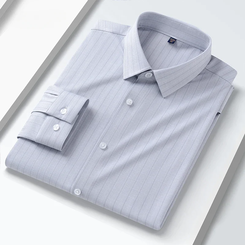 Hight quality silk elastic striped long sleeve shirts for men slim fit formal shirt soft plaid anti-wrinkle office thin clothes