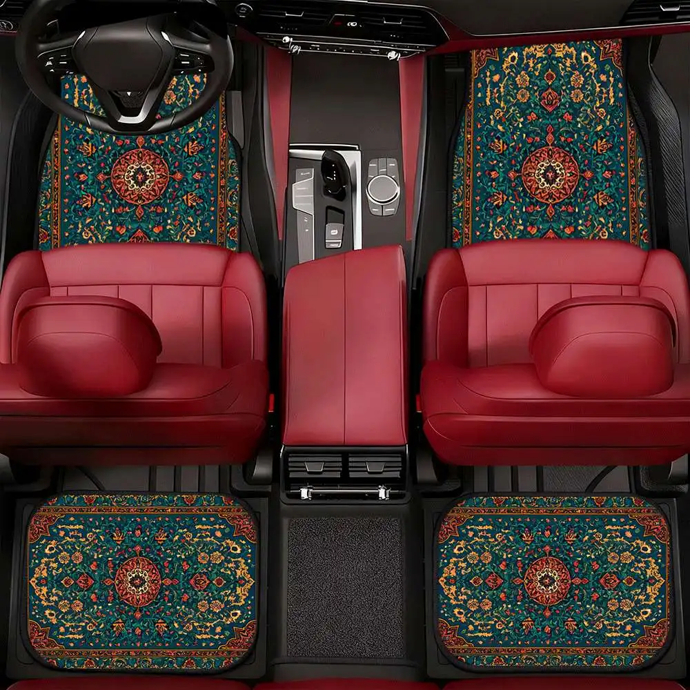 4pcs Bohemian Style Pattern Printed Car Floor Mats, All-Season Full Coverage Car Floor Mats, Durable Material Car Floor Mats, Su