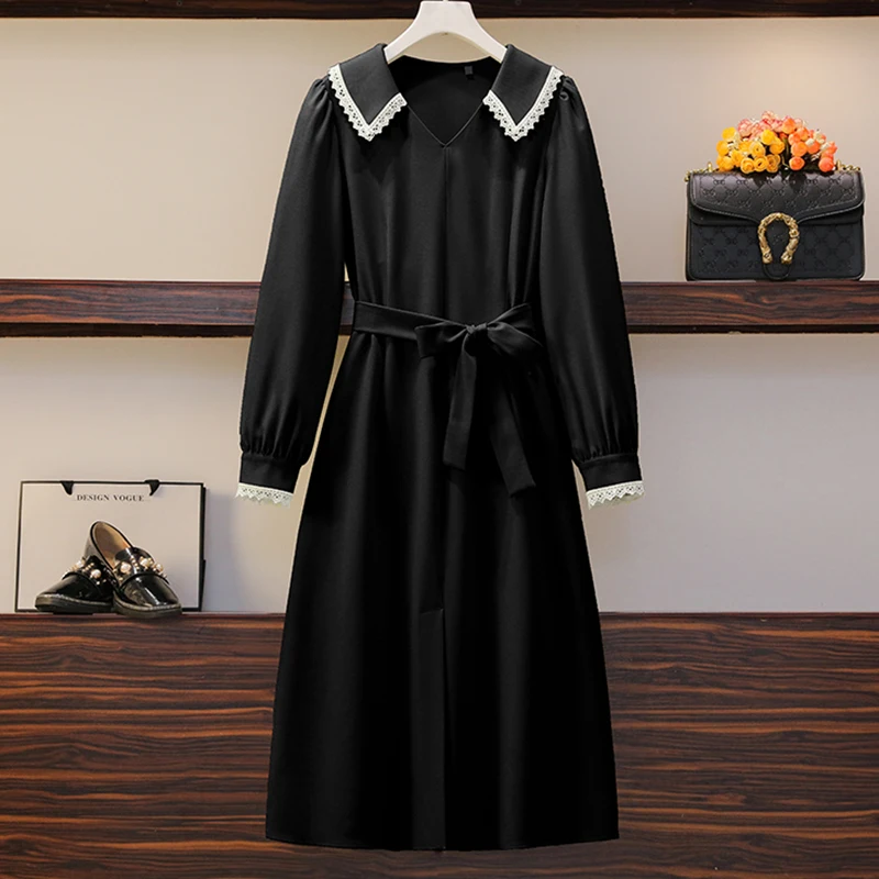 Autumn Black Long Sleeve Polo Collar Midi Dress 2024 Korean Vintage Hepburn Party Night Dress Women Elegant Bodycon Casual Dress