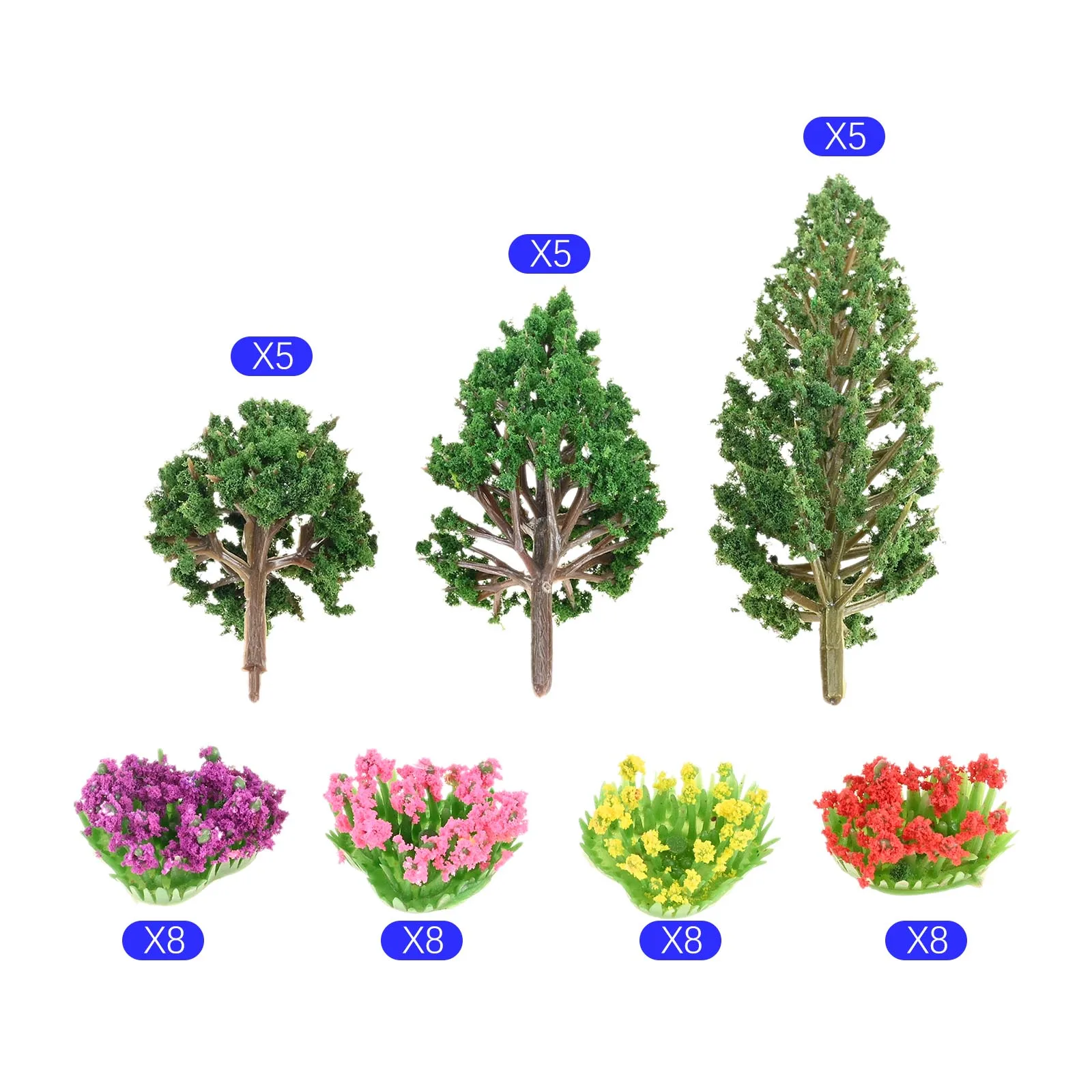 47 Pcs Model Trees and Flowers 32 Colorful Flower Clusters, 15 Mixed Trees for Miniature Fairy Garden, Train Landscape, Dioramas