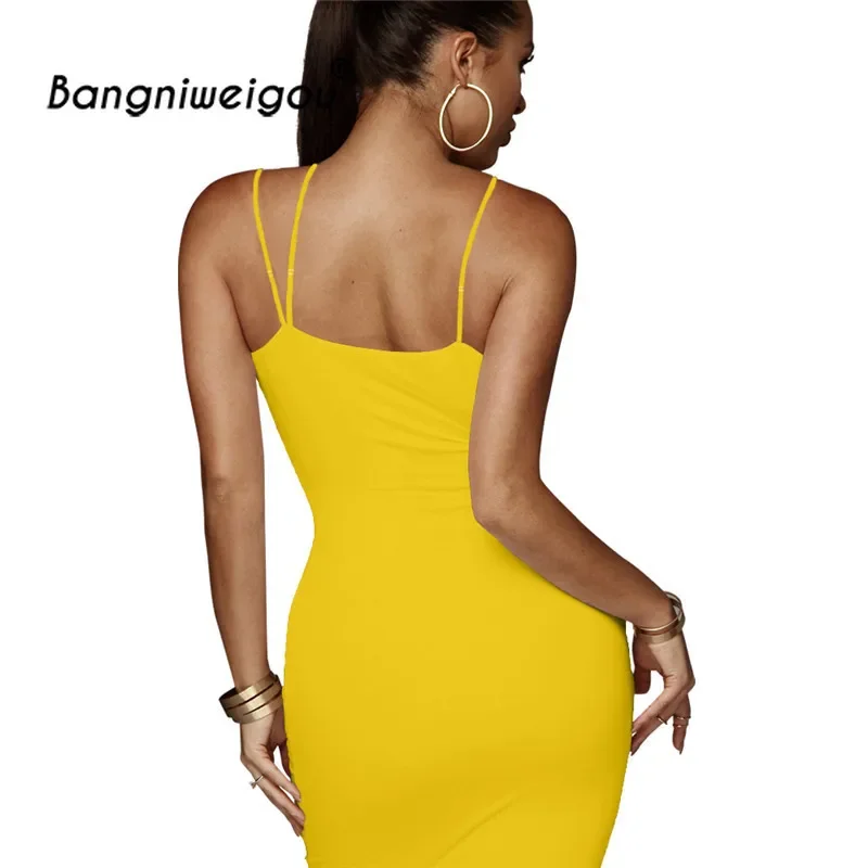 Sexy Night Club Backless Long Dress Yellow Women V Neck Spaghetti Strap Office Bandage Dress Classy Party Red Slim Dress Evening