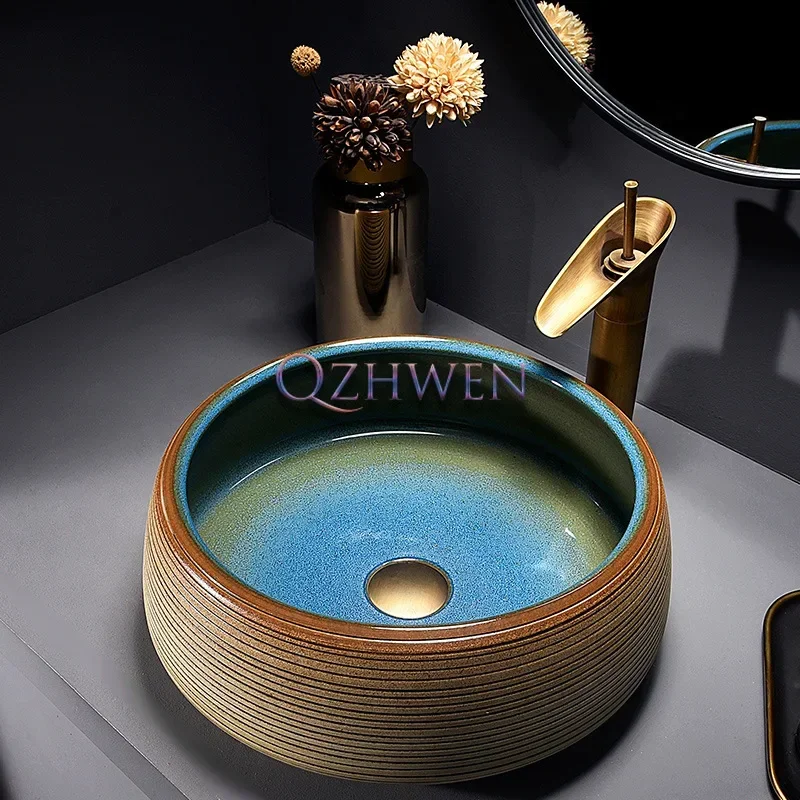 

Gradient Blue Bathroom Sink Carved Pattern Ceramic Washbasin Luxury Marine Style Countertop Art Basin Round Washroom Wash Sink