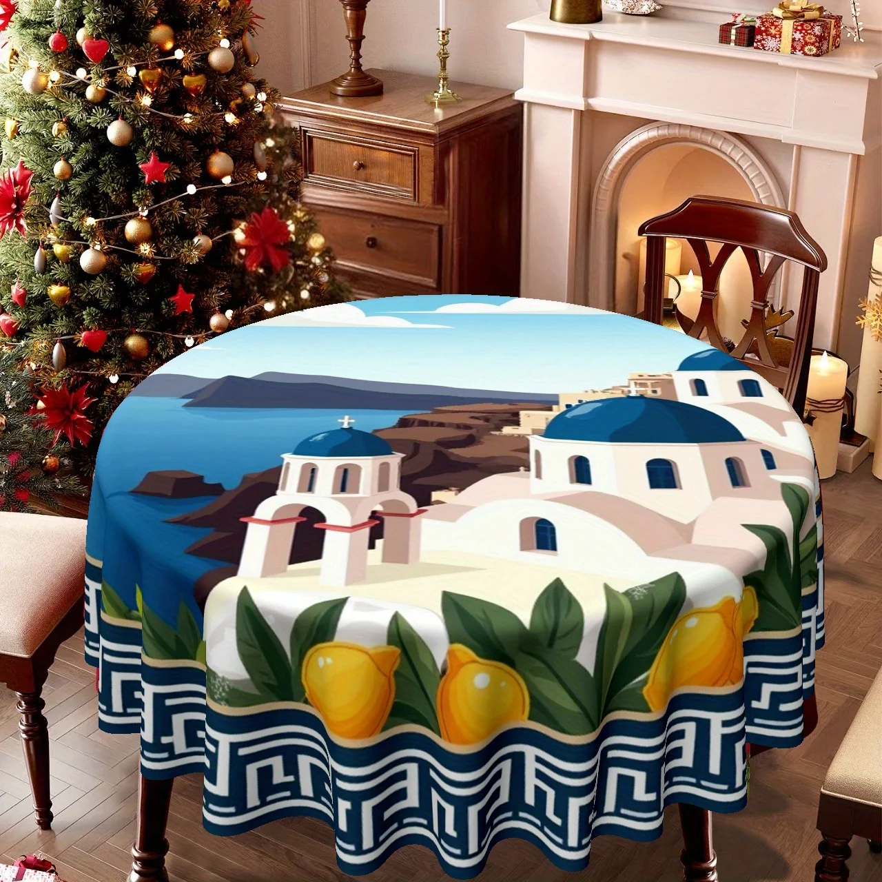 One tablecloth from the Mediterranean Greek islands - Egyptian coast scenery and blue domed churches,