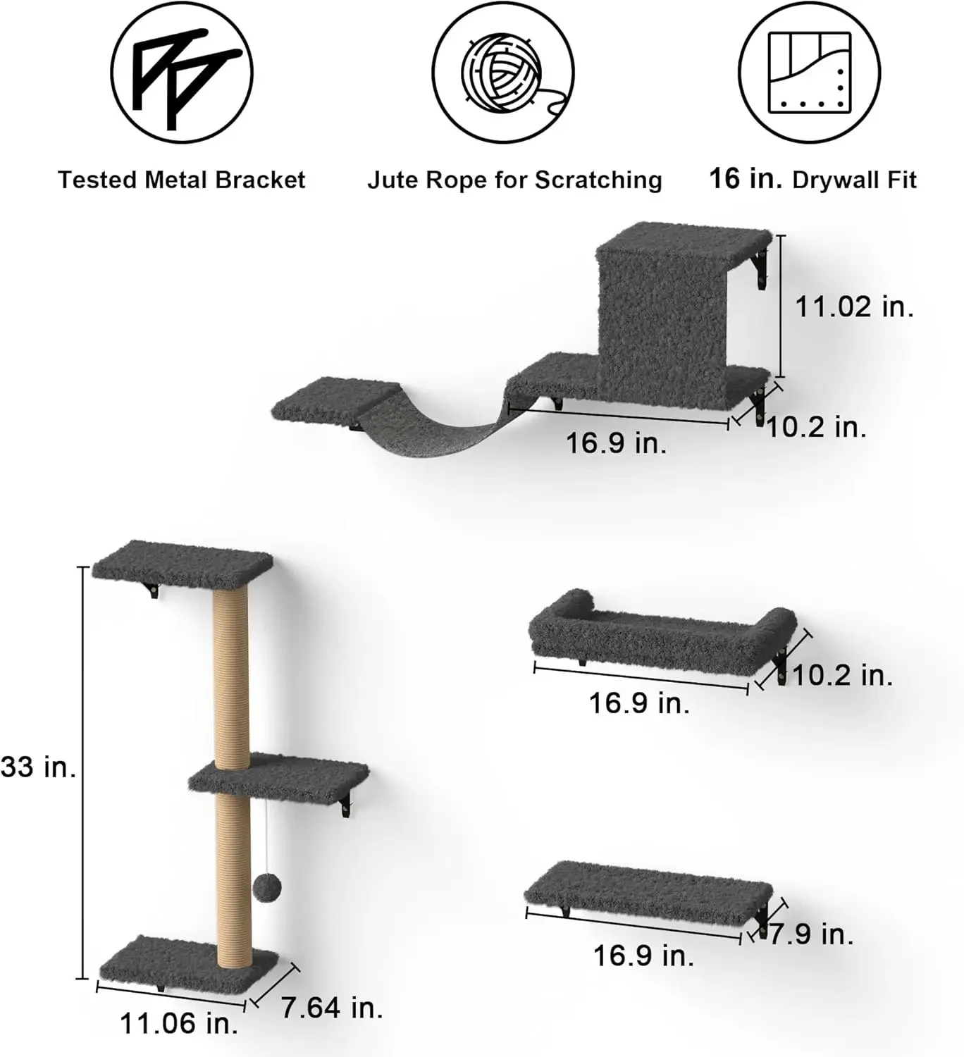 Estantes de pared para gatos, estable y seguro, juego de muebles de pared para gatos grandes 4 en 1, pared trepadora de madera para gatos con poste rascador para