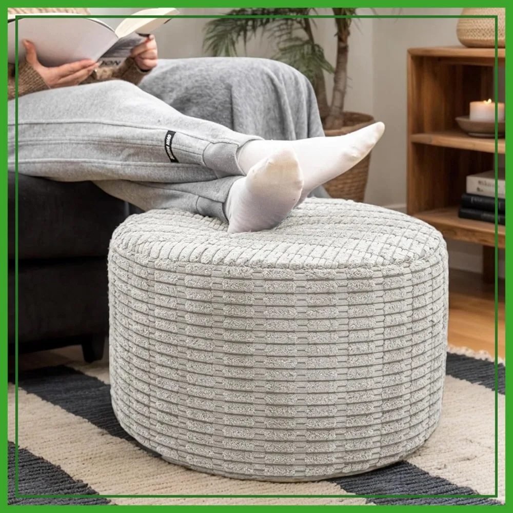 

Round Faux Fur Ottoman Pouf Foot Stool Seat, 20x14 Inches Light Gray Floor Chair for Living Room Bedroom