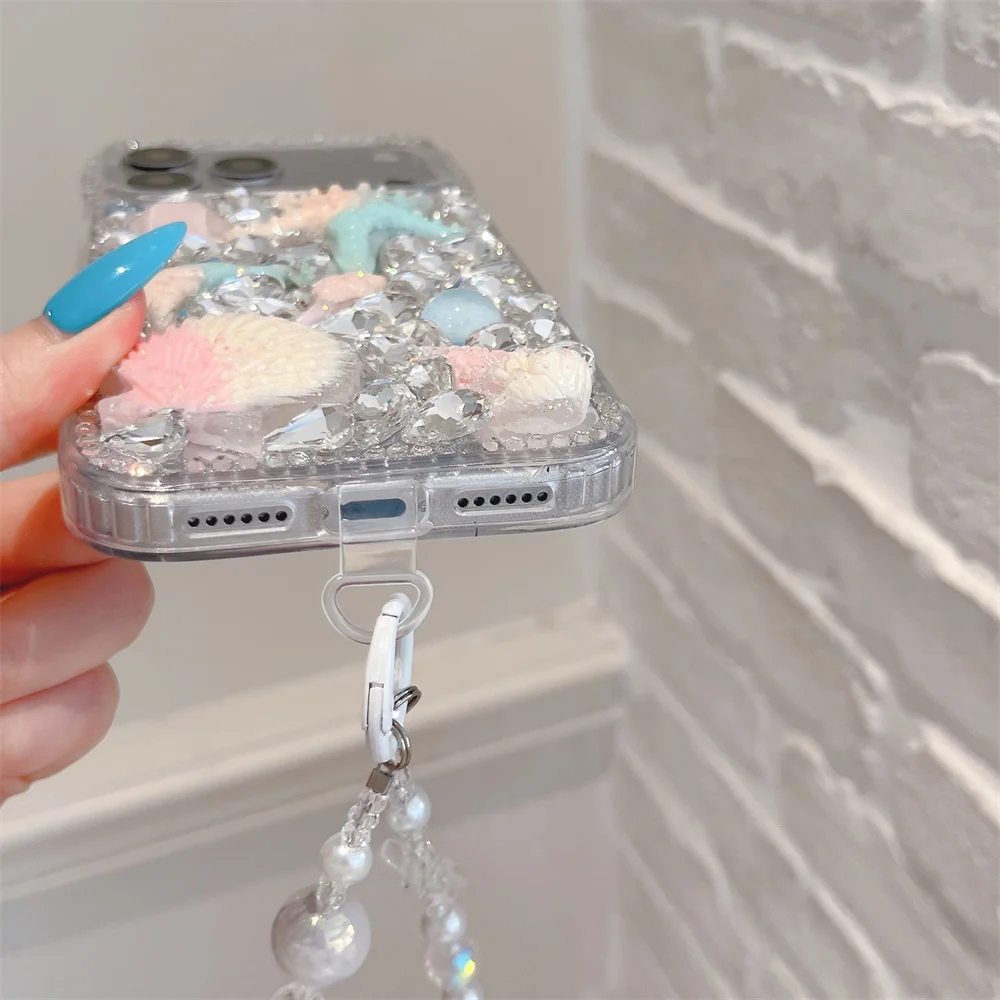 Summer Fresh 3D Starfish Seashell Rhinestone Phone Case for 17 Pro Max Ocean Vibe Pearl Bead Lanyard Cover for iPhone 16 15 14 1