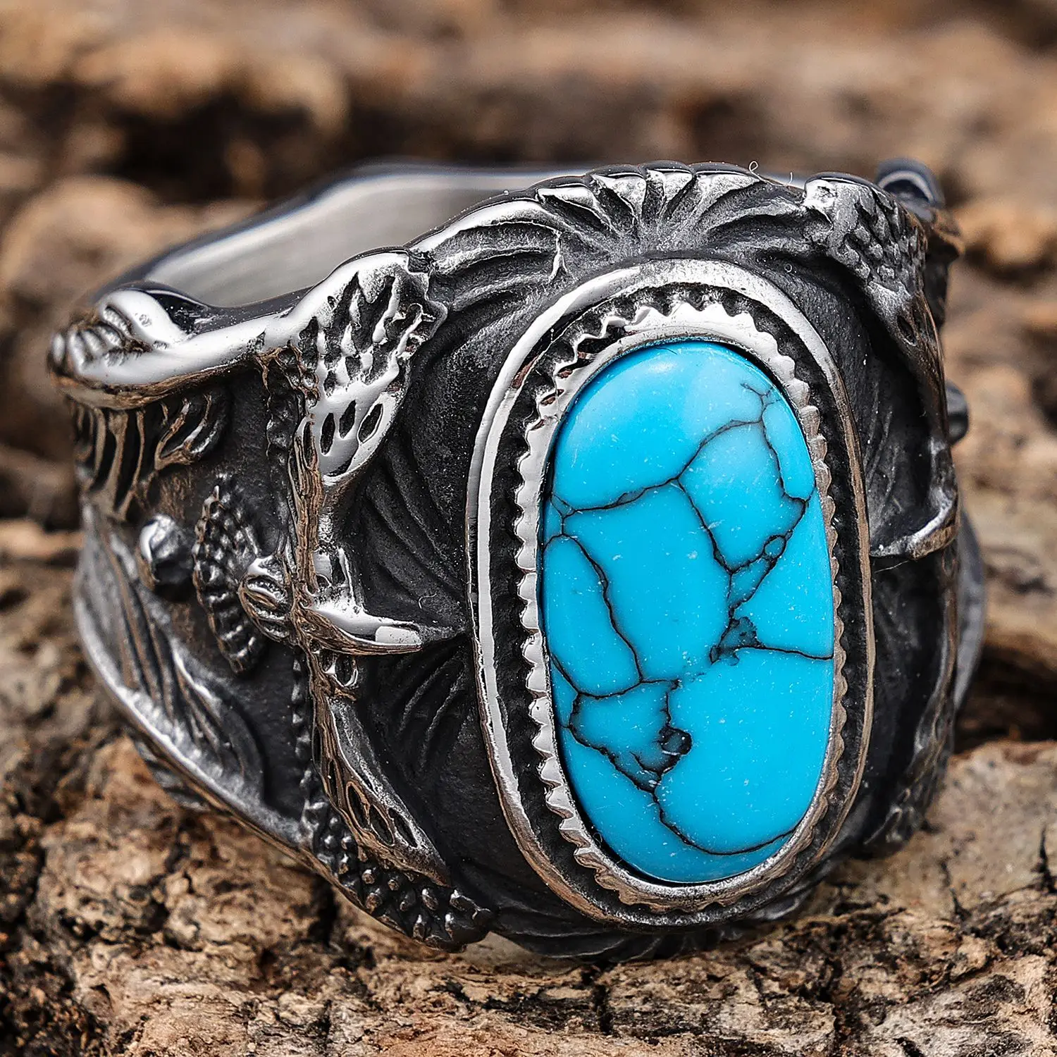

Retro 925 Silver Ring With Personalized Carved Pattern, Turquoise Ring, Eagle Blue Turquoise Men's Ring