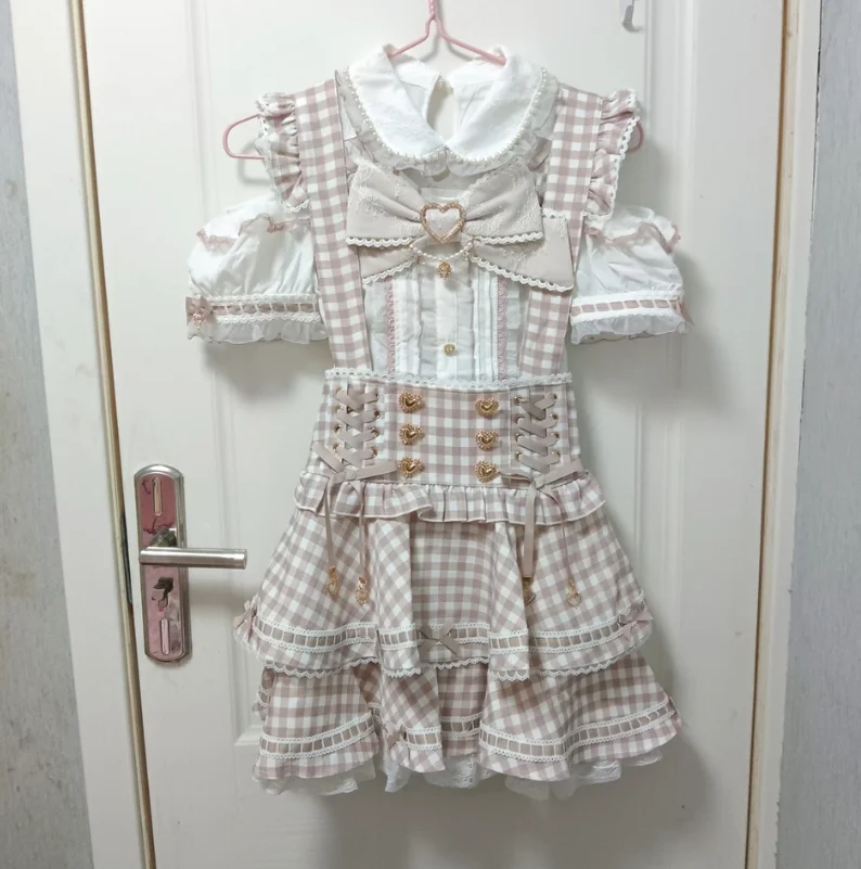 Japanese Sweet Cute High Waist Lolita Skirt Summer Heavy Industry Printing Plaid Bows Preppy Style Suspender Skirts for Women