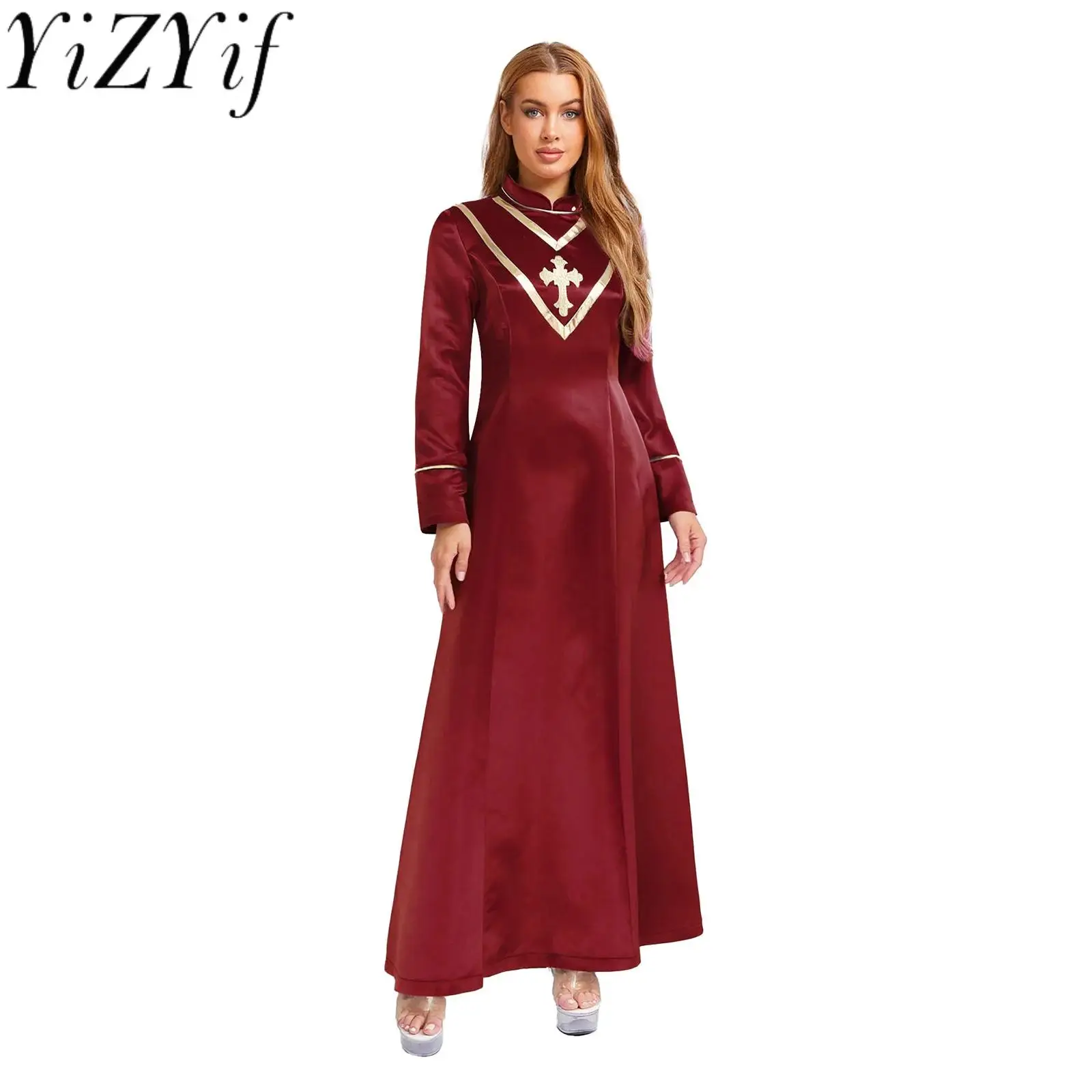 

Women Jesus Christ Priest Cleric Cross Robes Long Sleeve Satiny Long Robe for Halloween Church Clergy Preacher Cosplay Uniforms