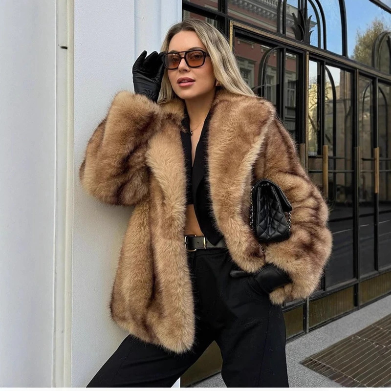 البني فضفاض فو الفراء سترة قصيرة التلبيب المرأة الشتاء أفخم معطف طويل الأكمام فروي الستر جديد دافئ رقيق معطف بالأزرار