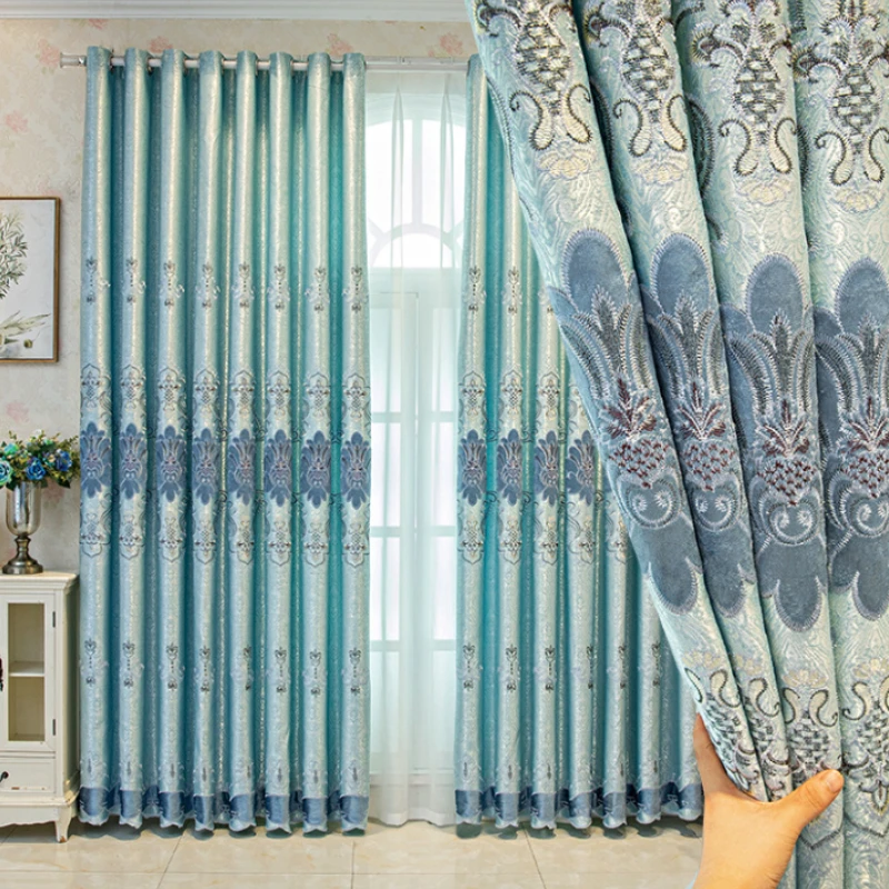 

European Style Velvet Embroidered Blue Curtains for Living Room Bedroom Dining Luxury Villa Shading Window Drape Custom Size