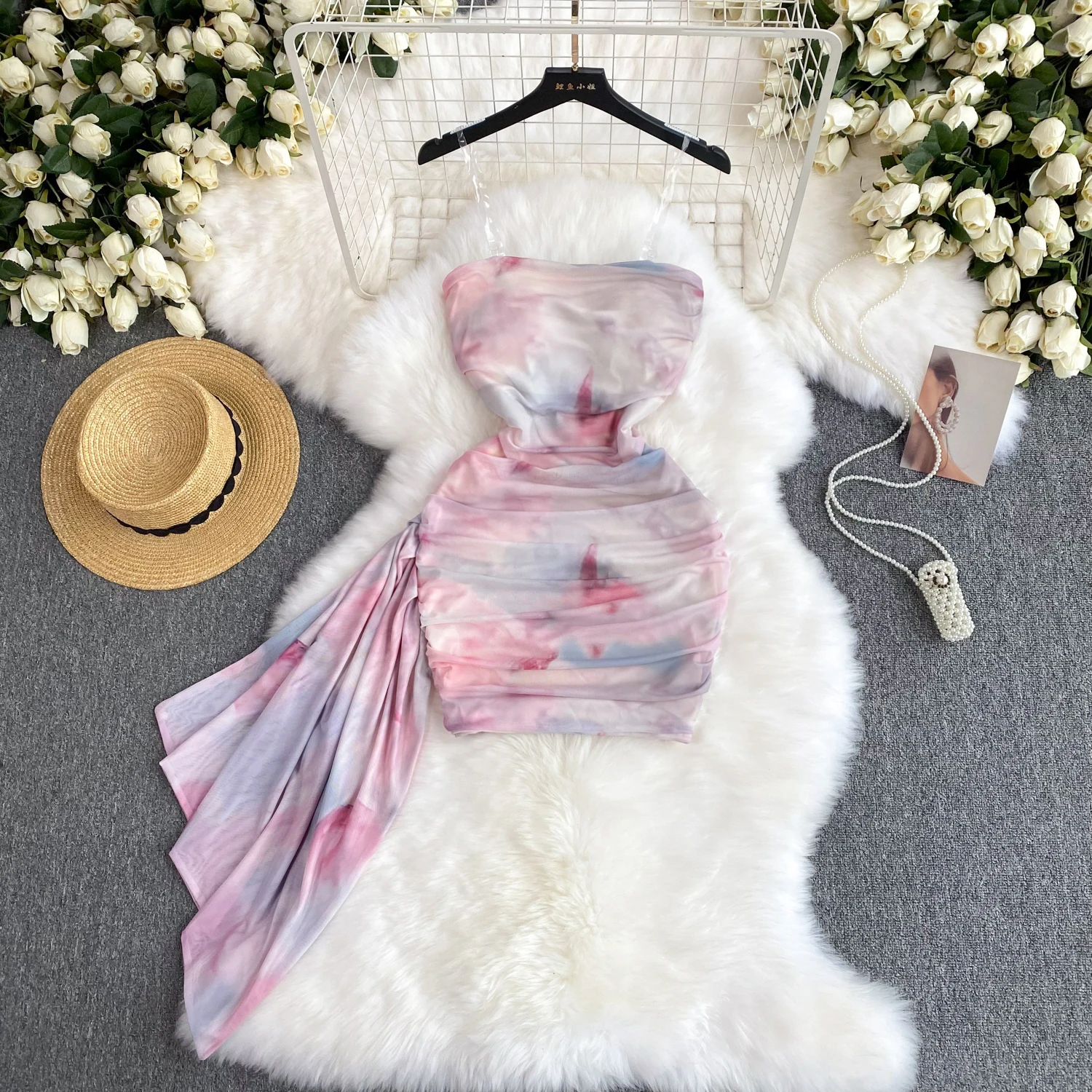 Sexy Pleated Tie Dye Tube Top Dress Chic Elegant Vintage Women Korean Fashion Summer Hot Sweet Pencil Dresses