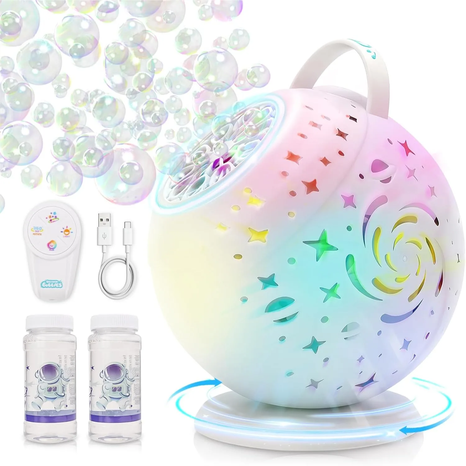 

Bubble Machine for Toddlers with Remote Control, 10-Hole Foaming, RGB Lights, Type-C Charging, 45-Min Battery, for Kids Parties