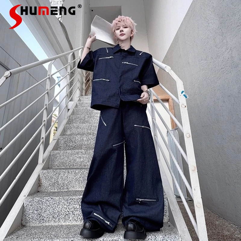 

2025 мужские летние новые куртки из 2 предметов с лацканами и короткими рукавами на молнии, высококачественные модные мужские удобные длинные брюки, модные комплекты из двух предметов