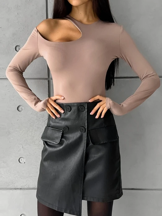 Sexy Slim Fit Bag with Plush Synthetic Leather A, High Waist Button Design, Irregular Skirt, Black Pu Leather Half Length Skirt