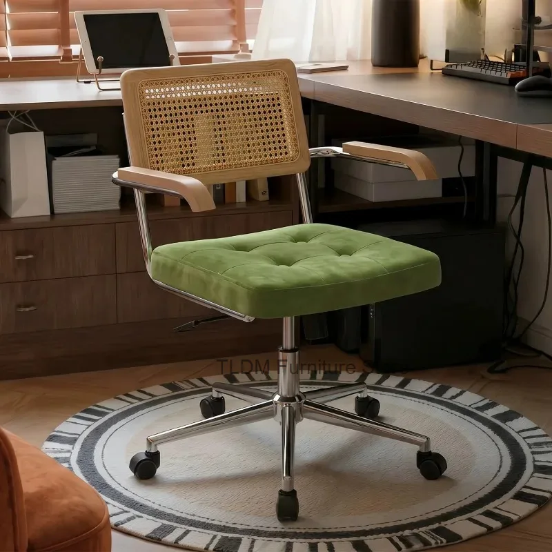 Padded Rattan Seat Panel Back Armrest Office Chair Wooden Tufted Swivel Velvet Rolling Desk Chair for Study Workspace Home