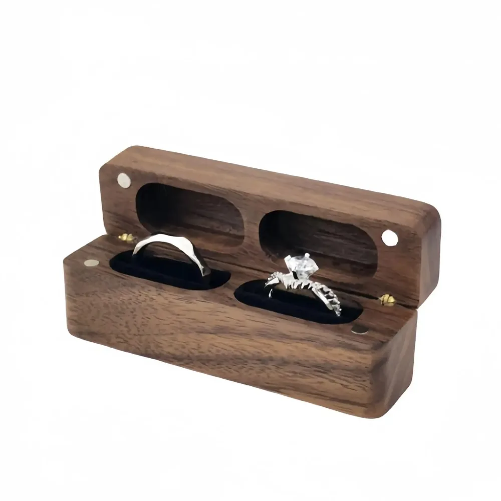 

YOYAI Handmade Vintage Ring Box Black Walnut Wood Pocket Ring Box for Wedding Proposal Double Ring Holder with Velvet Lining