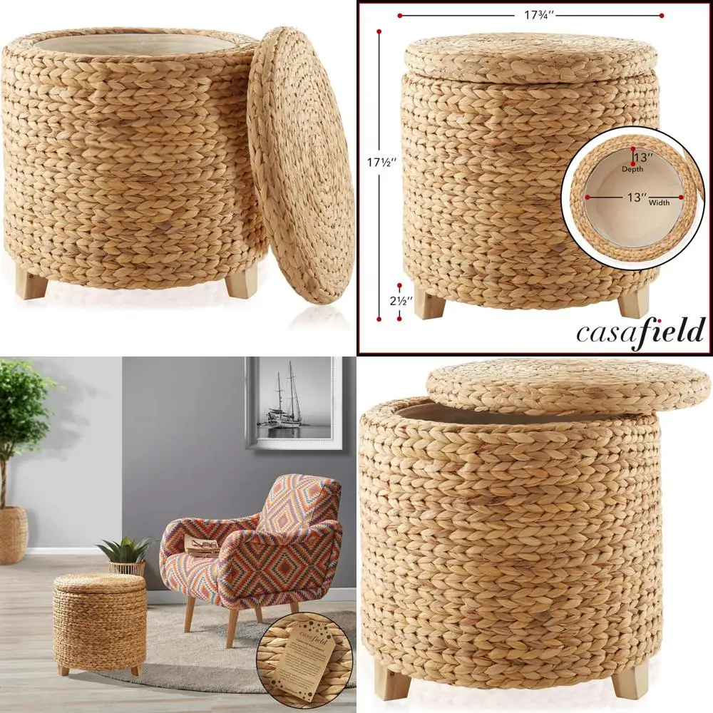 

Круглый пуфик для хранения из гиацинта ручной работы с крышкой, подходящий для гостиной, спальни и ванной комнаты.