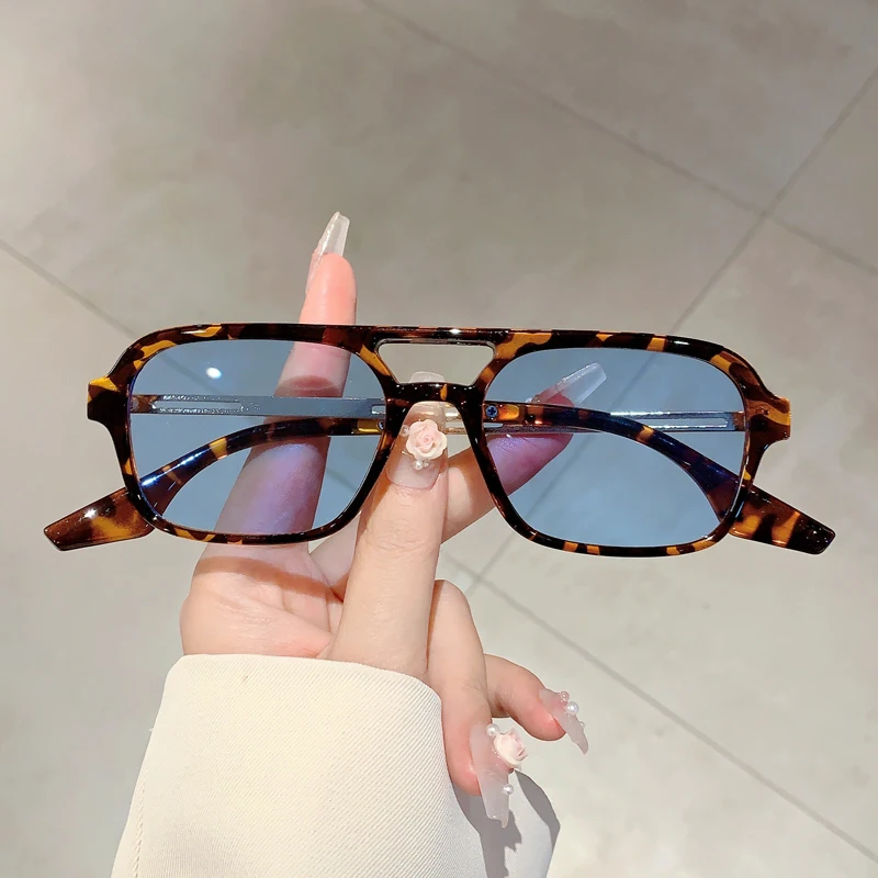 Trendy Women Double Beam Sunglasses Square Summer Sun Shades for Travelling Hiking UV Protection Driving Design Sun Glasses