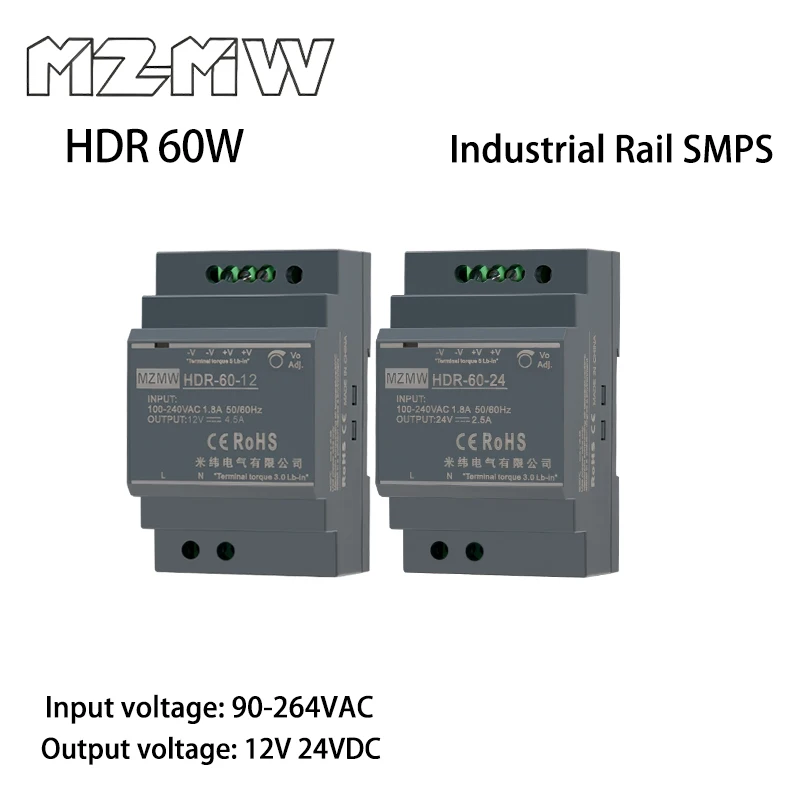 Seria zasilaczy impulsowych HDR na szynę DIN 60W AC na DC 100-240VAC 12V 24VDC Adapter oświetleniowy Transformator przemysłowy