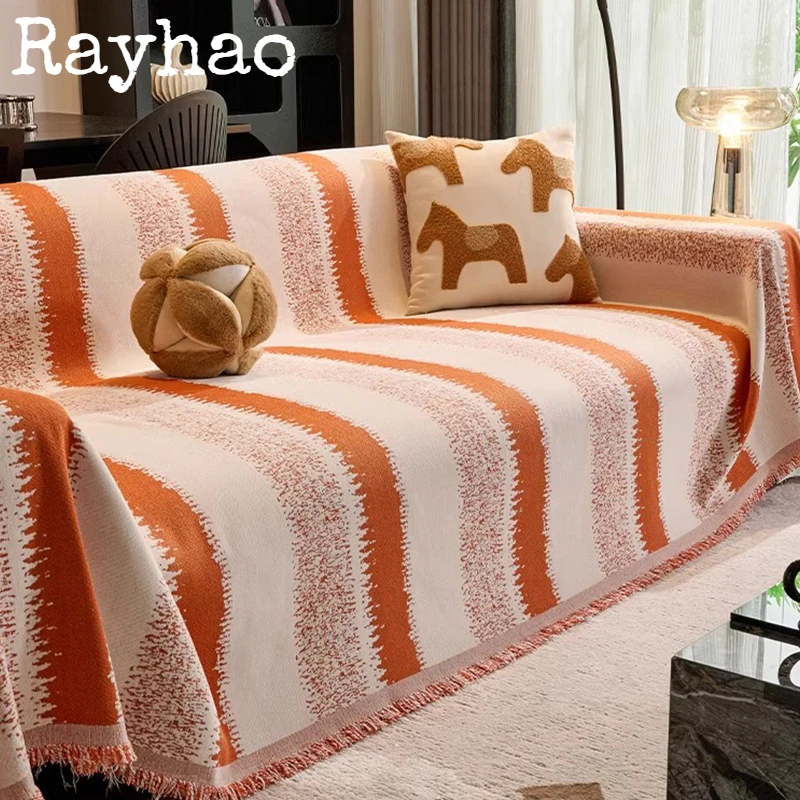 

Double Sided Minimalist Chenier Sofa Cover High-end Suitable for All Seasons Sofa Towel Cloth with Tassel Striped Nap Blankets