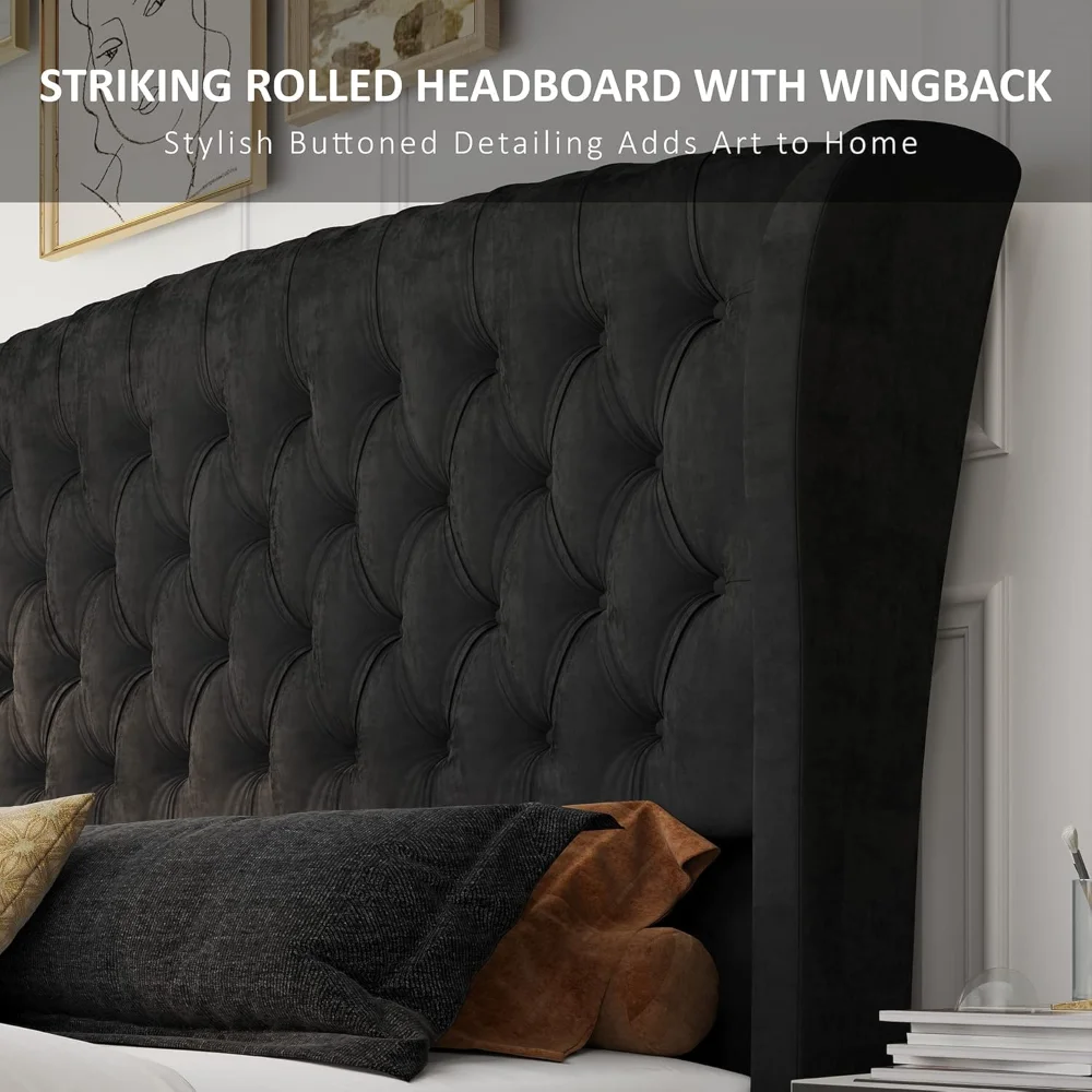 King Size Bed Frame, Velvet Upholstered Sleigh Bed w/Scroll Wingback Headboard & Footboard/Button Tufted/No Box Spring Required image 4