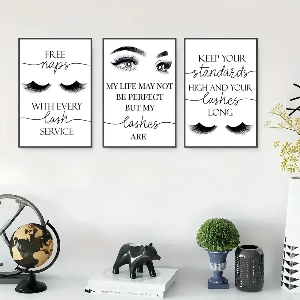 (No frame)Set of 3 Unframed Wall Art Pieces Featuring Beauty Inspiration, Quotes about Eyelashes, Glamorous Art Prints, Self-