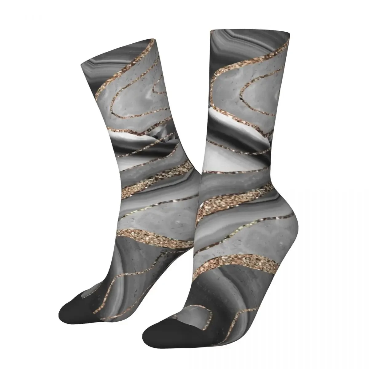 

Hip-hop Gray Black White Agate Gold Glitter Marble Basketball Socks Modern Polyester Unisex Socks Non-slip