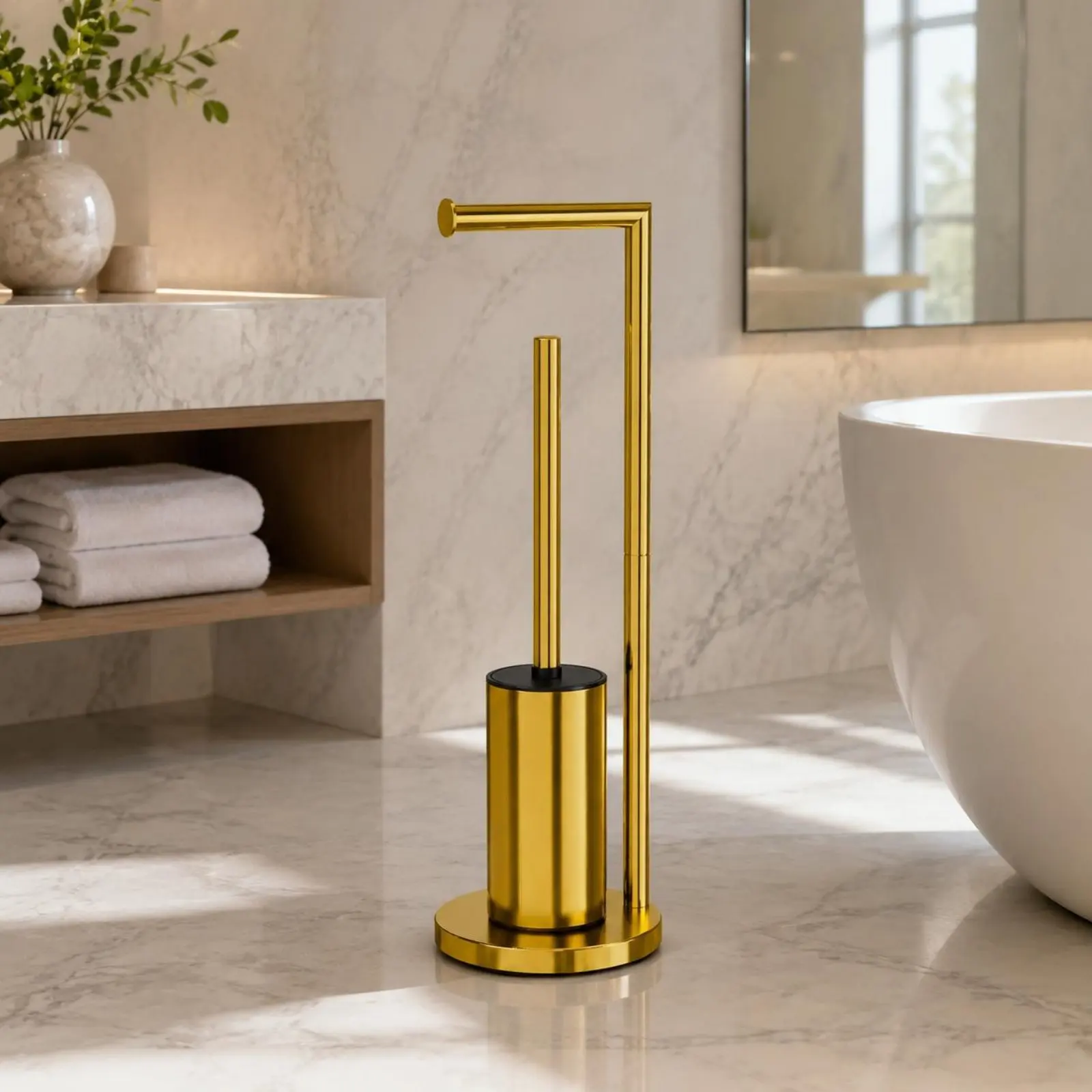Toilet Tissue Holder with Brush Shelf Toilet Roll and Brush Combo Bathroom Organizer Water-Resistant Anti-Slip Base