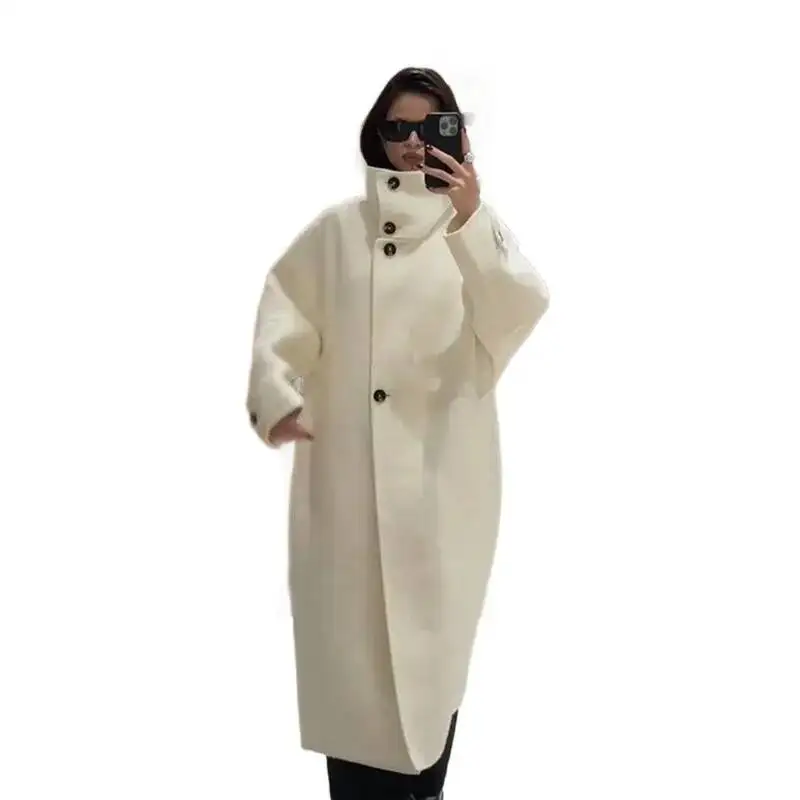 Loose Fit Long Woolen Coat Women's Autumn Winter New Style Mid-Length Stand Collar Casual Fashion Polyester Fiber Pure Color