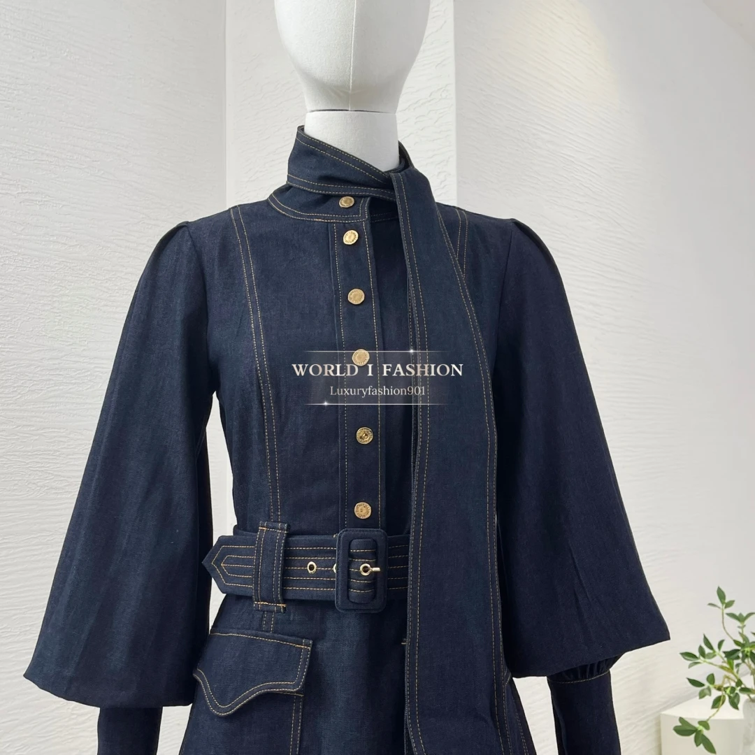 Serie mini-jurk met veters en riem 2025, nieuwkomers, hoogwaardige puur katoenen damesdenim