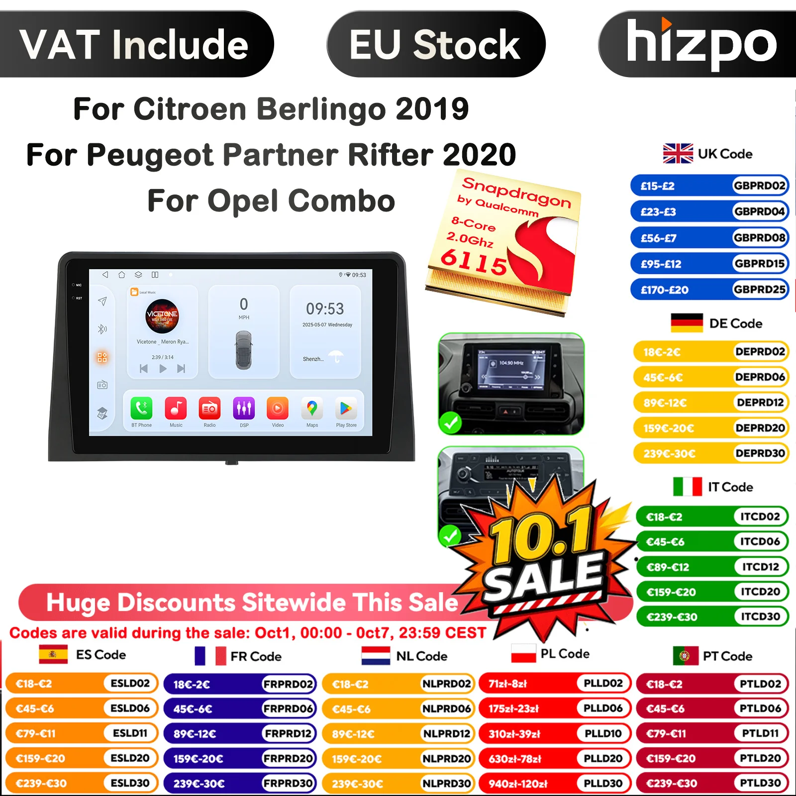 Autoradio Hizpo 10.1 Carplay 4G 2 Din Android 14 per Citroen Berlingo 2019, Peugeot Partner Rifter 2020, Opel Combo, Lettore Multimediale Video GPS DSP WIFI Sistemi Intelligenti AI, Stereo con