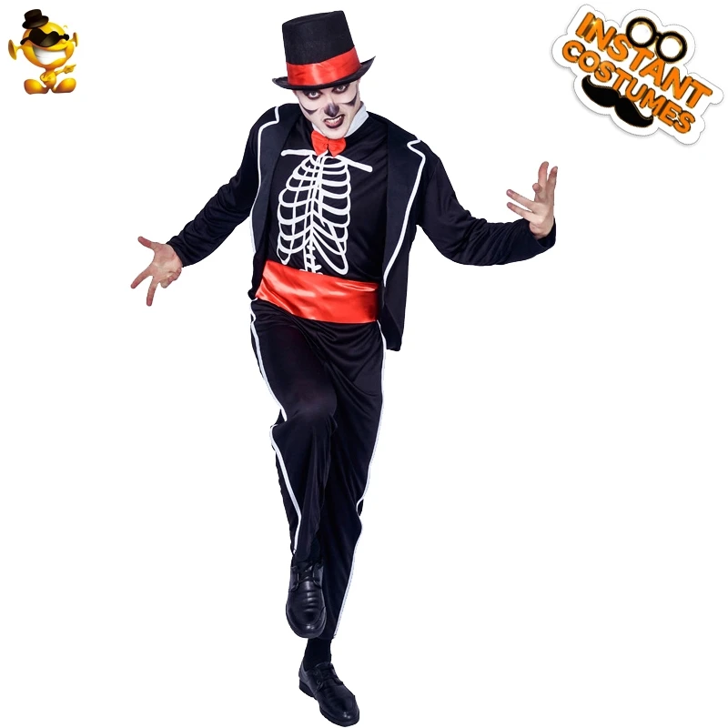 Gentleman Skull Halloween Creepy and scary costumes Black suit Ghost skeleton jacket Red stripe hat  Purim Party