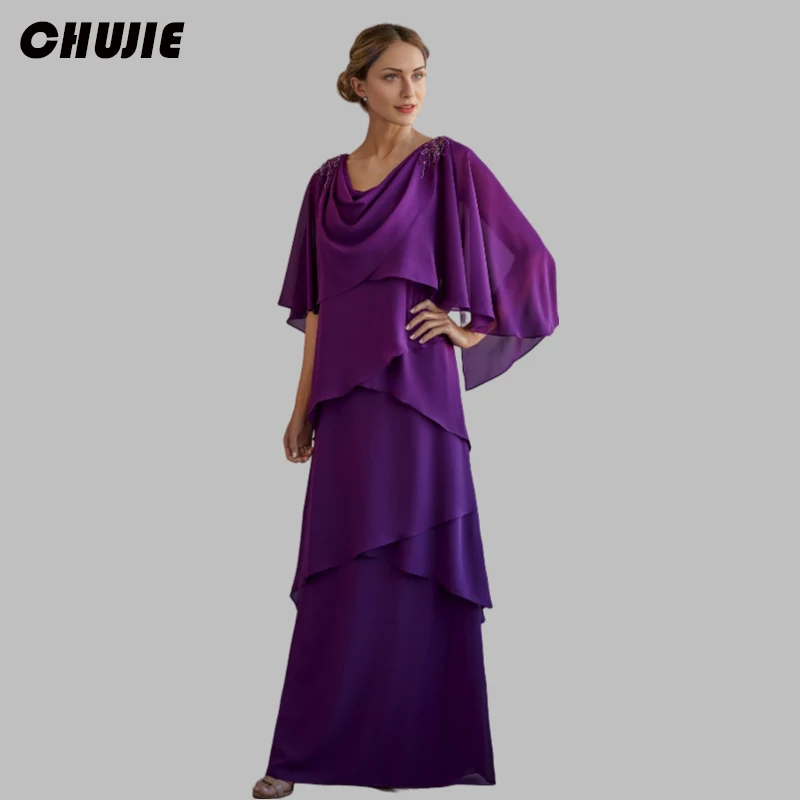Plum Tiered Chiffon Mother of The Bride Dress Sequin Appliques Prom Party Gowns Customized Chiffon Women Wedding Guest Dresses