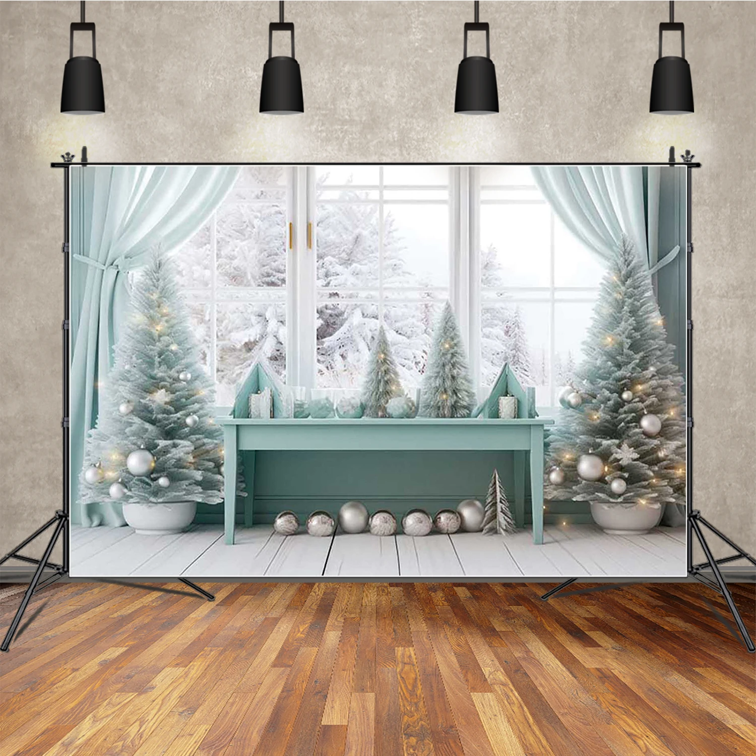MOON.QG – arrière-plan de noël, arbres de noël, cheminée, rideaux rouges, arrière-plan pour photographies, accessoires de tournage de Festival, décor de fête