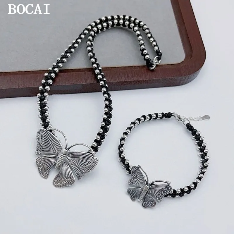 BOCAI Real S925 Silver Jewelry Vintage Butterfly Flower Bracelet Wax Rope Hand-woven Adjustable Woman Bracelet