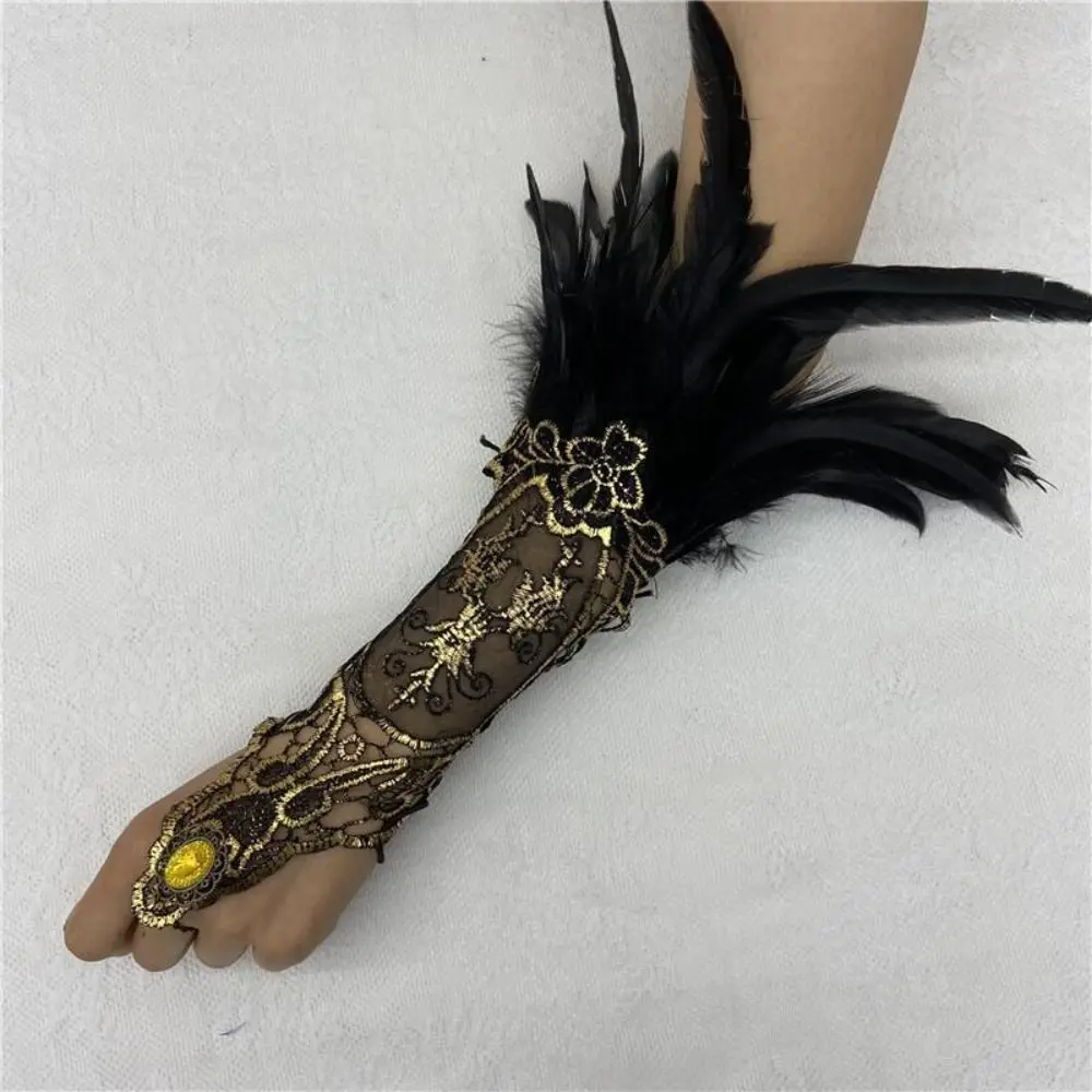 

Witch Halloween Feather Gloves Retro Gothic Women Feather Lace Glove Dark Embroidery Halloween Wristband Cosplay Props